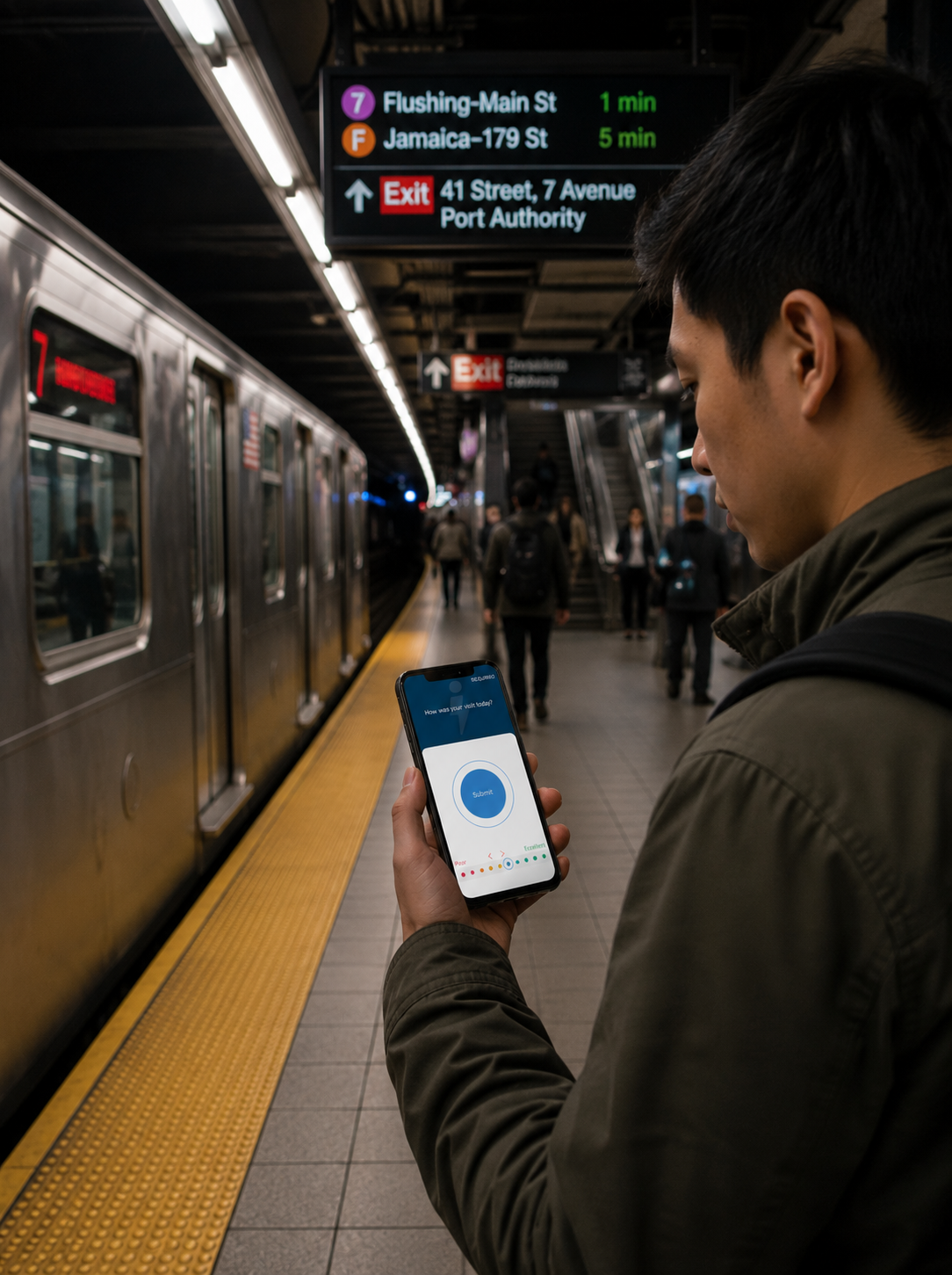 Riders at a multi-modal transit hub reading a route map between subway and bus signage.